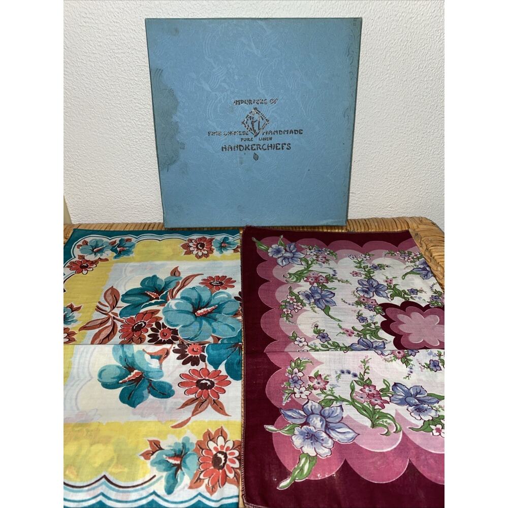 Vintage Lot Of 2 Handmade Pure Linen Floral Handkerchiefs With Box